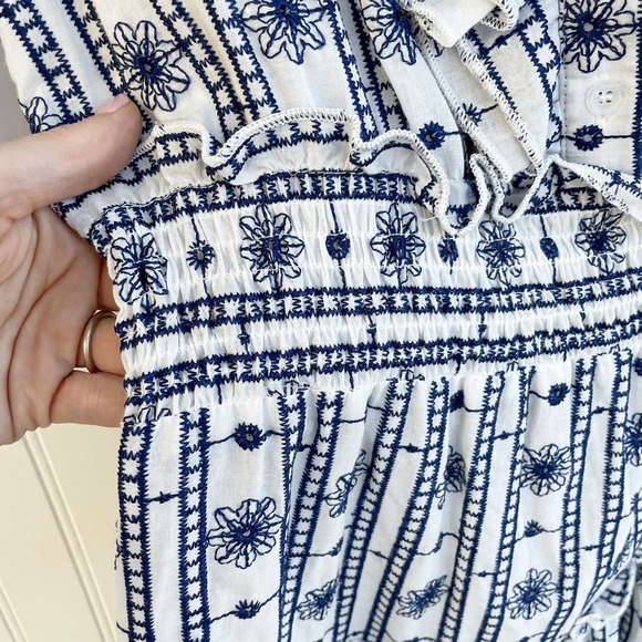 The Shirt Rochelle Behrens Dress Smock Ruffle Navy White Aztek Floral Mini - Picture 2 of 6